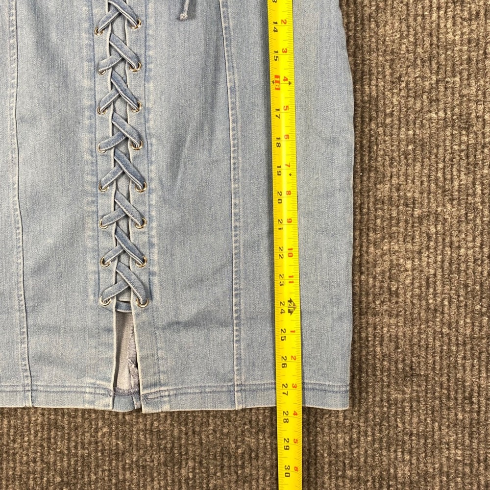 Story On Light Wash Denim Lace Up Front Mini Dress Bodycon Small - Picture 6 of 9